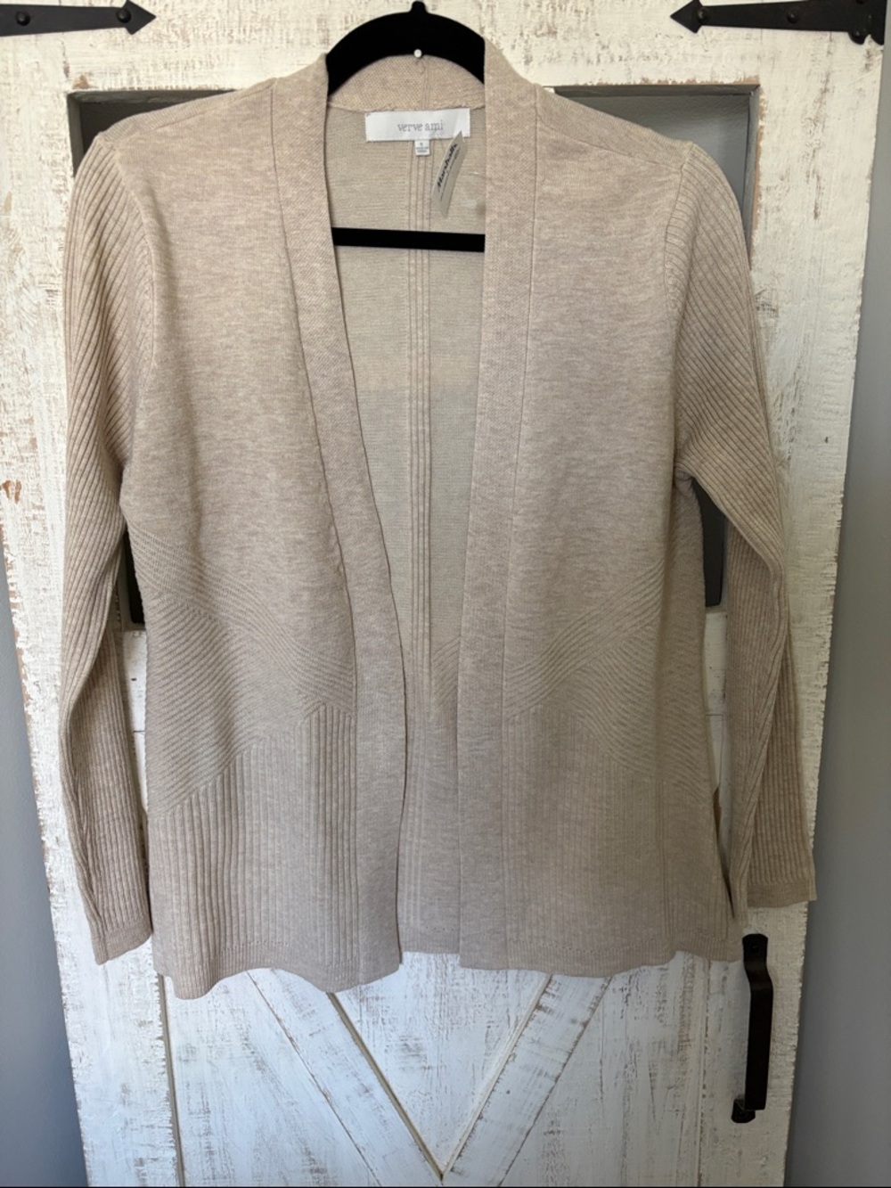 NWT Verve Ami Beige Open-Front Ribbed Cardigan
